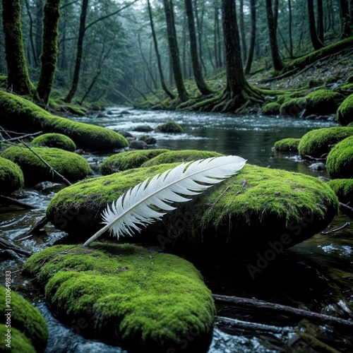 A serene forest scene features a white feather resting on a moss-covered rock beside a tranquil stream photo