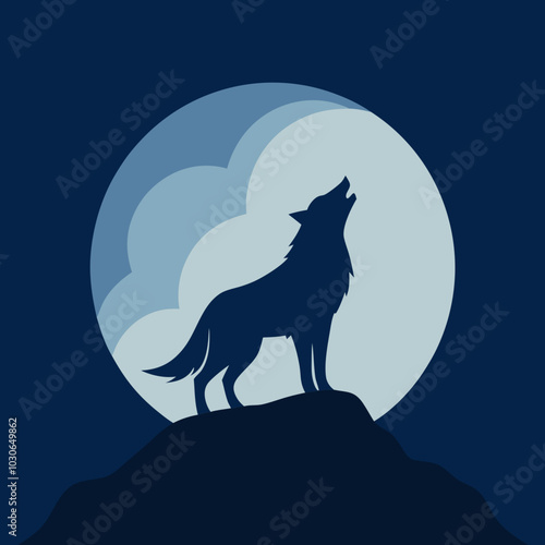 wolf howl to full moon watercolor design Vector art illustration
