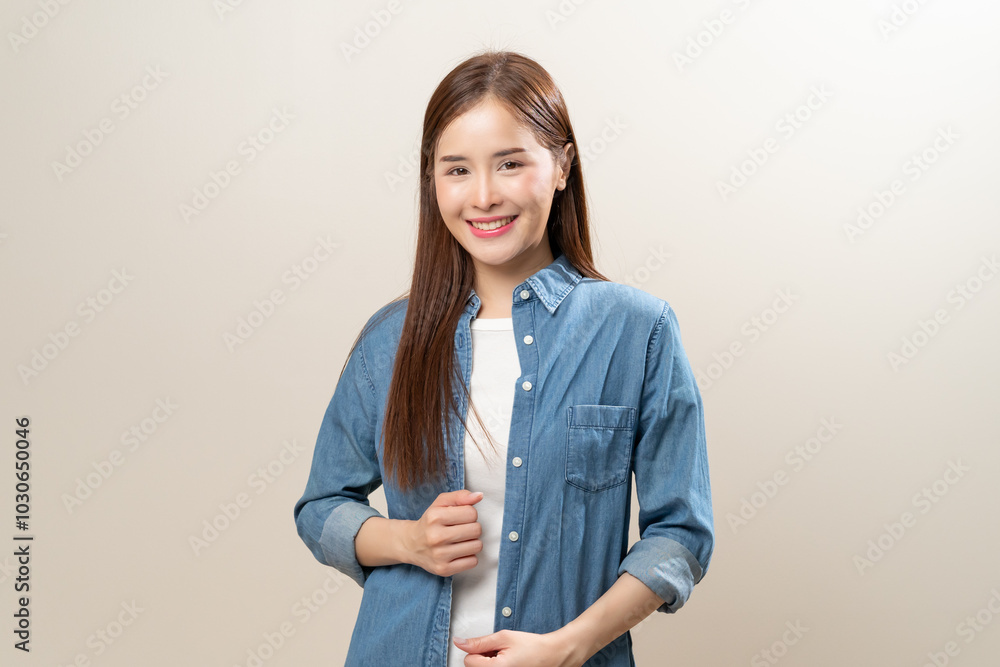 Confident young asian woman smiling stand isolated on background Confident young asian woman smiling stand isolated on background