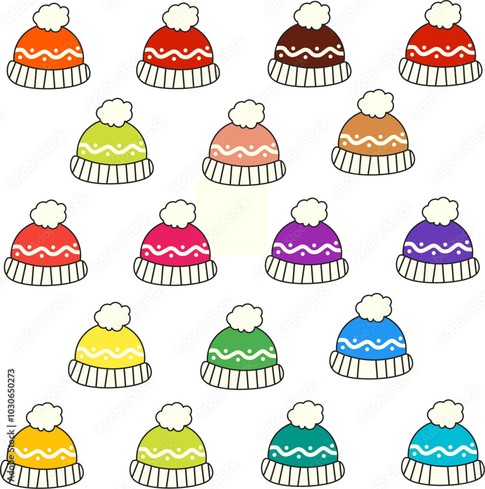 A playful arrangement of colorful winter hats, each adorned with a fluffy pom-pom and a patterned band. Vibrant hues include red, green, blue, and purple, perfect for cozying up. A playful arrangement of colorful winter hats, each adorned with a fluffy pom-pom and a patterned band. Vibrant hues include red, green, blue, and purple, perfect for cozying up.
