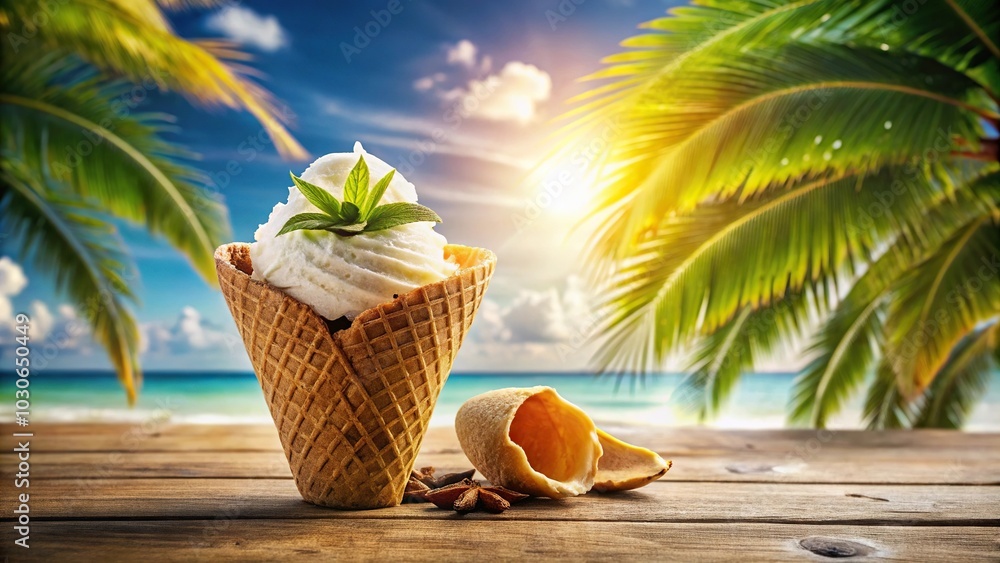 Obraz premium Ice cream dessert in waffle cup with coconut on tropical background