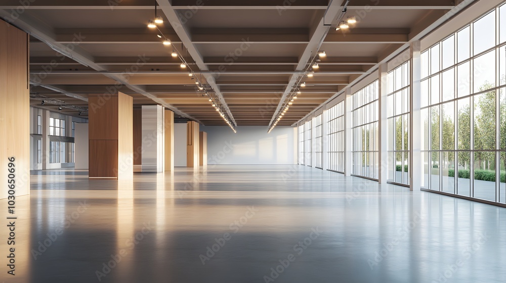 66. An empty exhibition space with soft lighting and high ceilings 66. An empty exhibition space with soft lighting and high ceilings