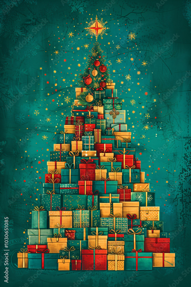 Winter modern alternative christmas tree made from many colorful gift boxes. Festive xmas and New Year holiday season banner and greeting card with copy space. Minimalism. creative composition concept Winter modern alternative christmas tree made from many colorful gift boxes. Festive xmas and New Year holiday season banner and greeting card with copy space. Minimalism. creative composition concept