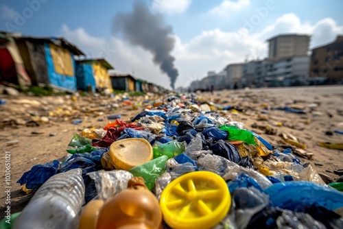 Shantytown homes made of plastic scraps, with smoke rising in the background photo