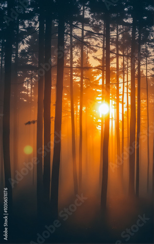 Sunset in the forest on the mountainside: sun rays break through the tree trunks during sunset.