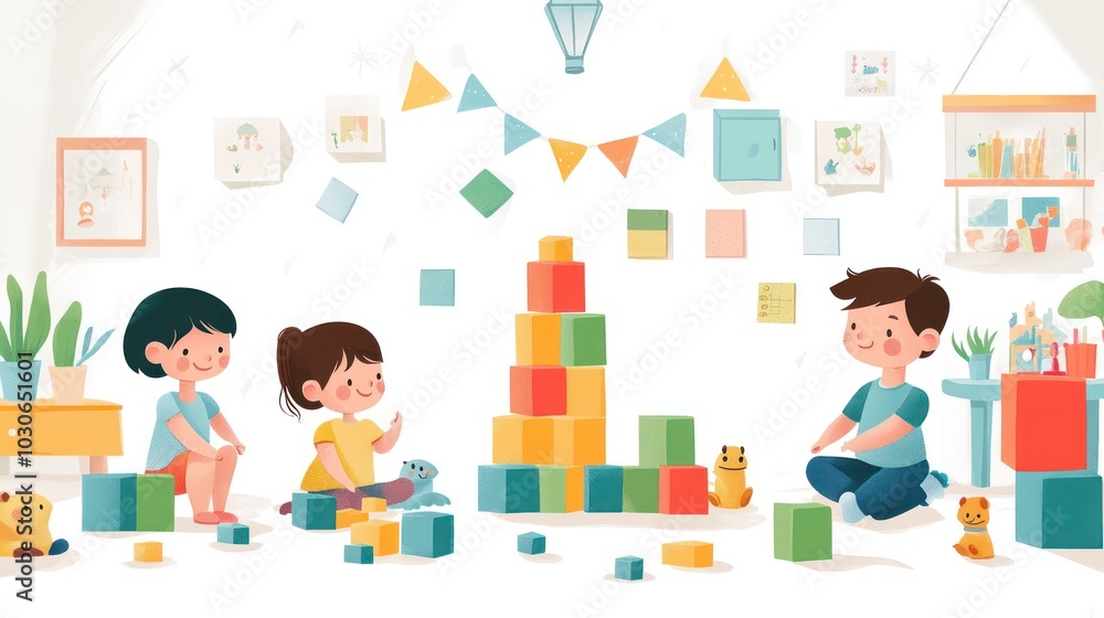 Children Playing with Building Blocks in a Playroom Children Playing with Building Blocks in a Playroom