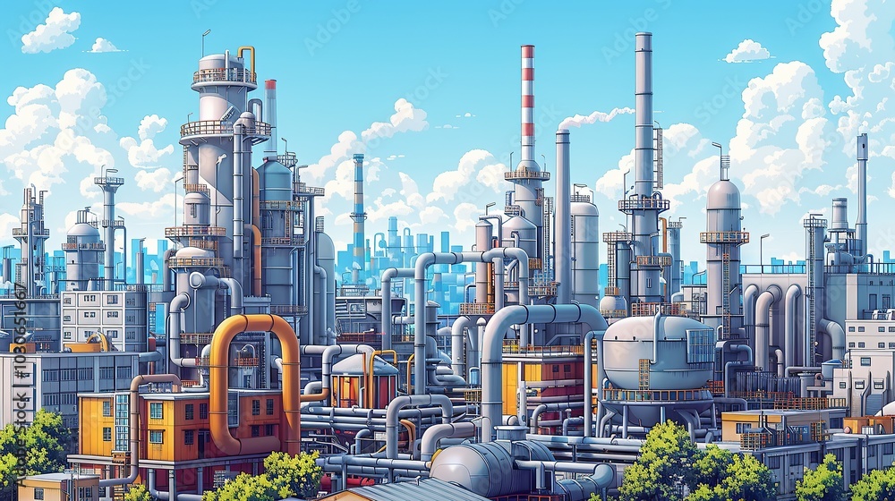 Fototapeta premium Industrial background illustration featuring an exterior view of a factory with a maze of pipes and ducts against buildings and smokestacks. Chemical plant, oil refinery, detailed image. High