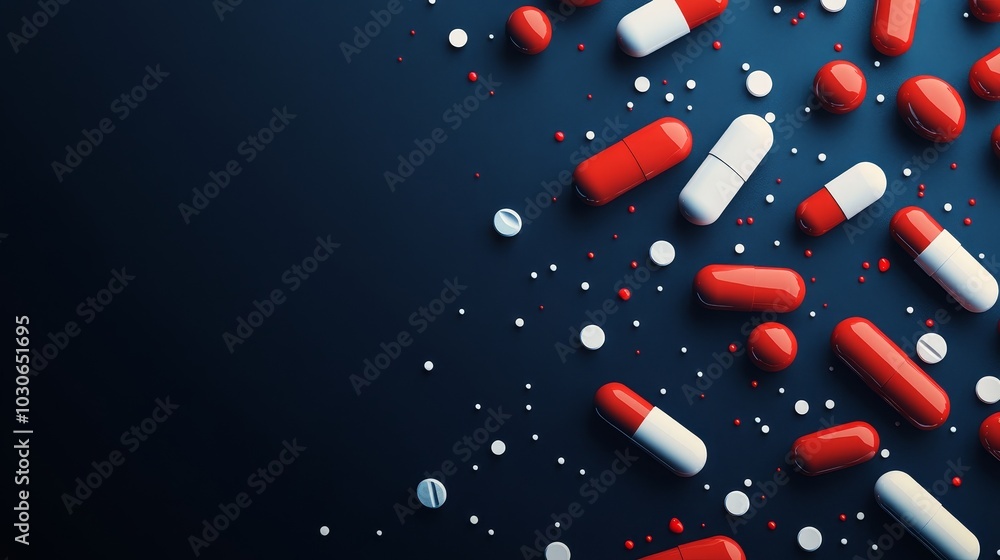 Abstract blue background featuring red and white capsule pills, showcasing minimalistic design with a dark blue and light green color scheme, ideal for professional product or service presentations. Abstract blue background featuring red and white capsule pills, showcasing minimalistic design with a dark blue and light green color scheme, ideal for professional product or service presentations.