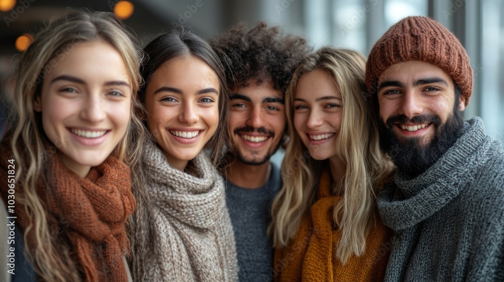 Five friends smiling at the camera, looking happy and relaxed. Five friends smiling at the camera, looking happy and relaxed.