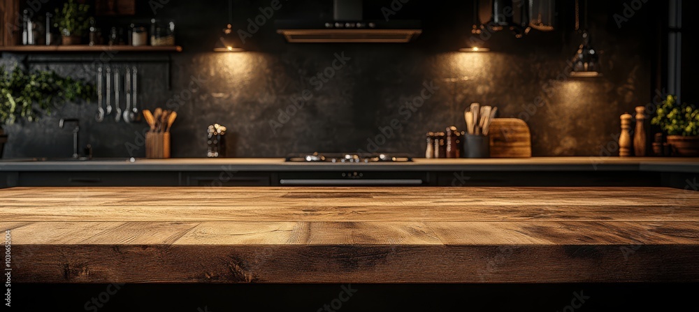 Dark kitchen with wooden table and soft lighting on fuzzy kitchen background.