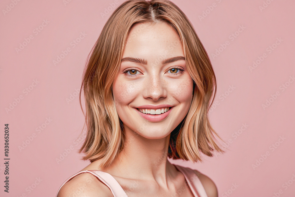 woman with a warm and inviting smile, set against a soft pink background. Her facial features are gentle, with a smooth complexion and a sprinkle of light freckles woman with a warm and inviting smile, set against a soft pink background. Her facial features are gentle, with a smooth complexion and a sprinkle of light freckles