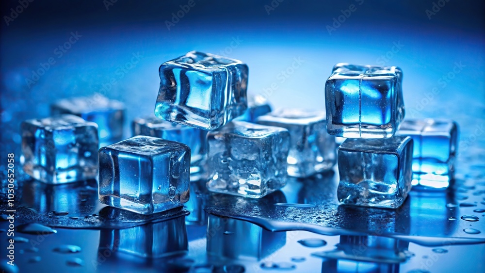 Ice cubes on a blue background with shallow depth of field, creating a silhouette effect Ice cubes on a blue background with shallow depth of field, creating a silhouette effect