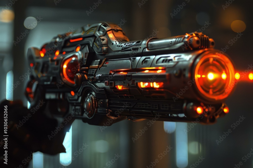 Powerful plasma weapon is firing a beam of energy in a cyberpunk city Powerful plasma weapon is firing a beam of energy in a cyberpunk city