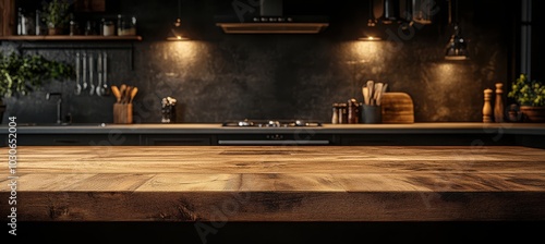 Obraz na płótnie Dark kitchen with wooden table and soft lighting on fuzzy kitchen background. w salonie