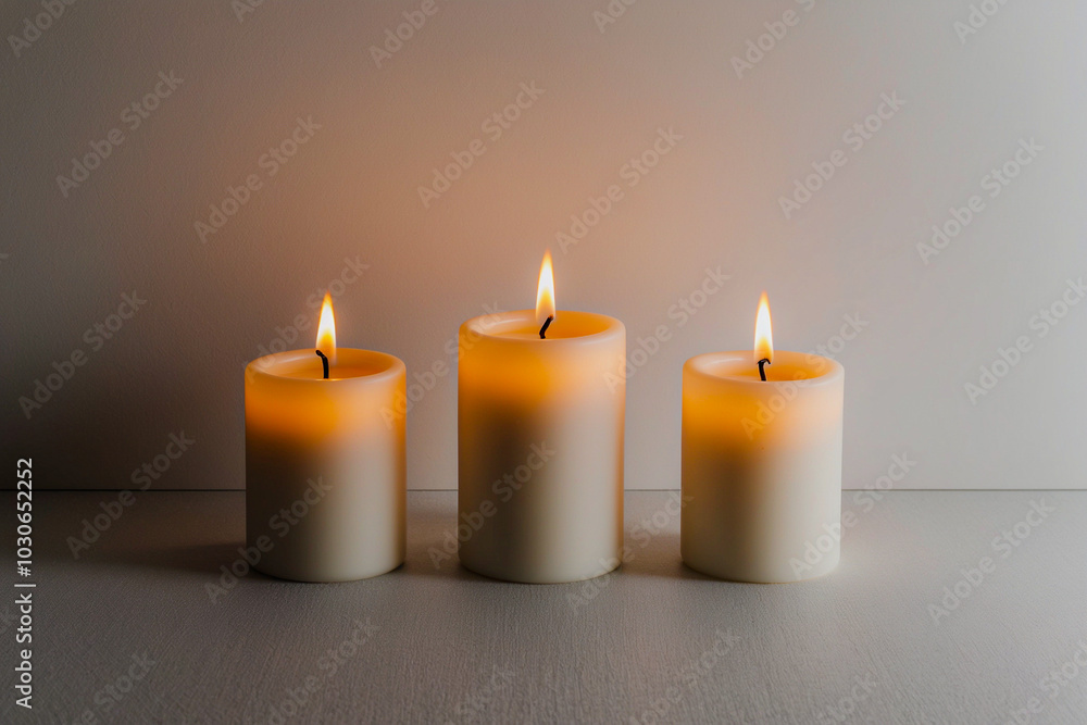 Candles in a Row. Three simple, white candles with golden flames, aligned horizontally on a plain background. The candle flames give off a soft, warm glow, to evoke a cozy, festive atmosphere