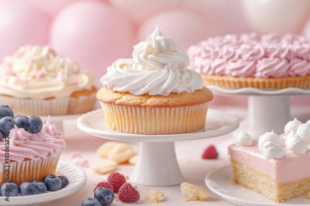 An aesthetically arranged dessert table featuring various treats like cupcakes and pies, each topped with a generous swirl of whipped cream, set against a soft pastel backdrop An aesthetically arranged dessert table featuring various treats like cupcakes and pies, each topped with a generous swirl of whipped cream, set against a soft pastel backdrop