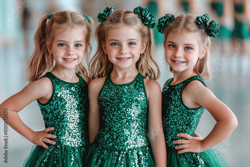 Three little cheerleader girls in green sequined costumes at practice in the gym getting ready to perform