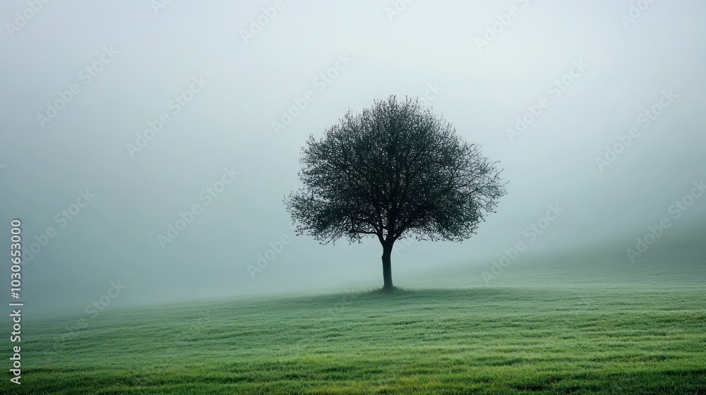 A lone tree stands in a misty field, its branches reaching towards the sky. A lone tree stands in a misty field, its branches reaching towards the sky.
