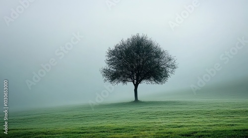 A lone tree stands in a misty field, its branches reaching towards the sky.