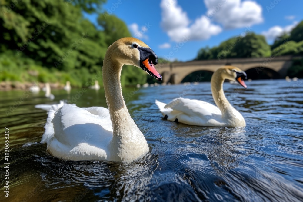 Obraz premium Swans gliding along the River Frome, beneath an old stone bridge