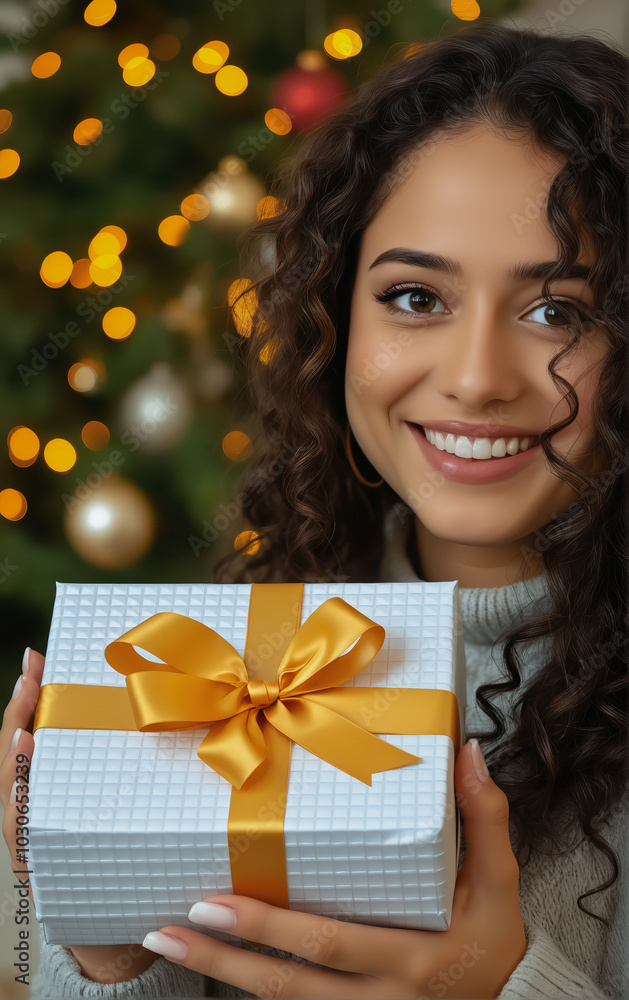 Portrait of attractive young woman holding Christmas present in her hands against background of New Year tree with decorations and garlands. Portrait of attractive young woman holding Christmas present in her hands against background of New Year tree with decorations and garlands.