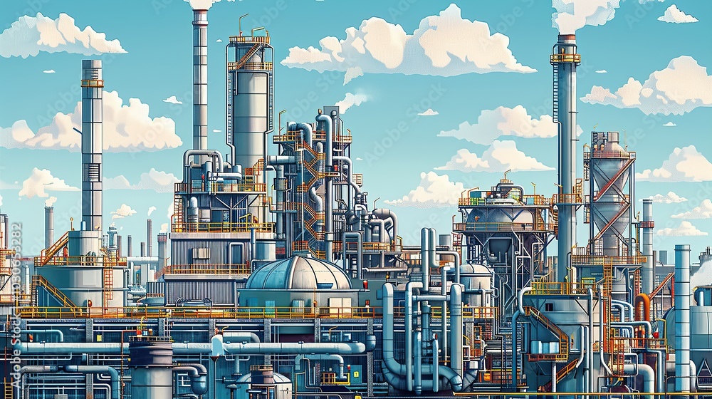 Detailed illustration of an oil refinery's exterior showcasing a dense network of pipes and ducts against industrial buildings and smokestacks. Factory, chemical industry, industrial scene. High