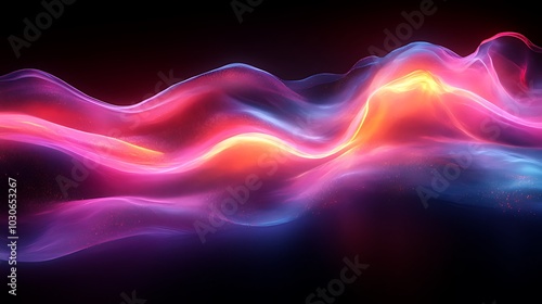 Abstract glowing waves of light in vibrant pink, blue, and orange colors on a black background.