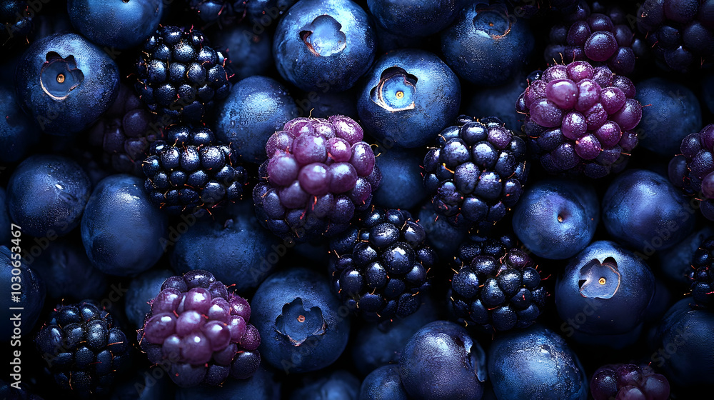 A close-up of blueberries and blackberries, showcasing their textures. A close-up of blueberries and blackberries, showcasing their textures.