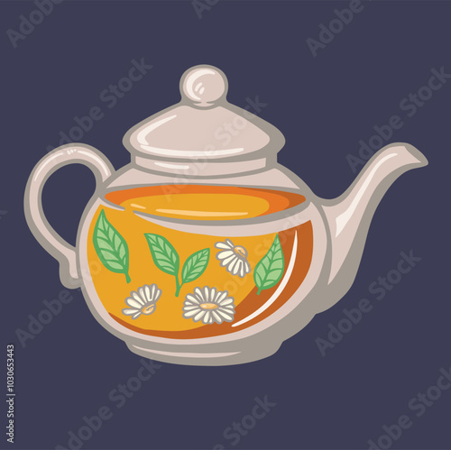 Transparent teapot with brewed chamomile, hand drawn vector illustration