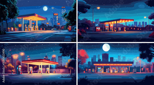 Night petrol station cartoon concepts. City glowing refilling fuel terminal mini market, lights trees buildings dusk street road midnight moonlight cityscape, empty gas depo vector illustrations