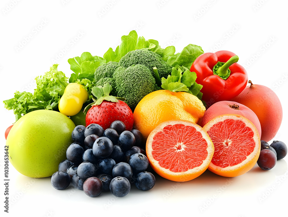 Fresh fruit and vegetable assortment with green lettuce, broccoli, red bell pepper, apple, orange, grapefruit, strawberry, blueberries and mango. Fresh fruit and vegetable assortment with green lettuce, broccoli, red bell pepper, apple, orange, grapefruit, strawberry, blueberries and mango.