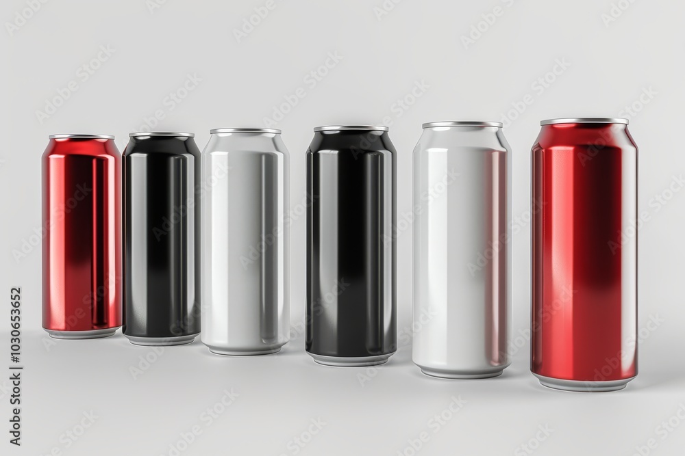 3D render of aluminum slim cans in silver, white, black, and red, on an isolated white background, showcasing a beer can mockup template 3D render of aluminum slim cans in silver, white, black, and red, on an isolated white background, showcasing a beer can mockup template