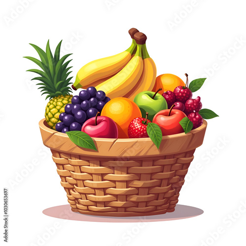 Vector Illustration of a Vibrant Fruit Basket Overflowing with Fresh Fruits, Transparent Background 