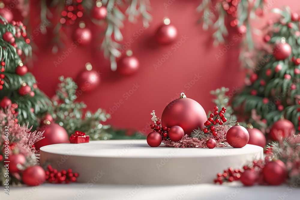 Fototapeta premium A white pedestal with red decorations and a red ball on top