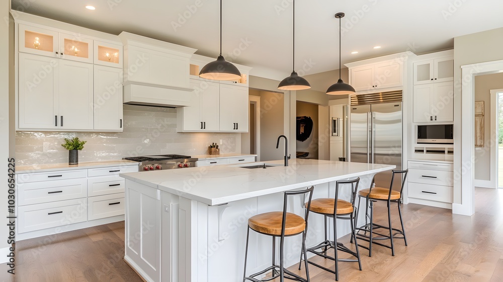 72. A clean, modern kitchen with an empty island 72. A clean, modern kitchen with an empty island