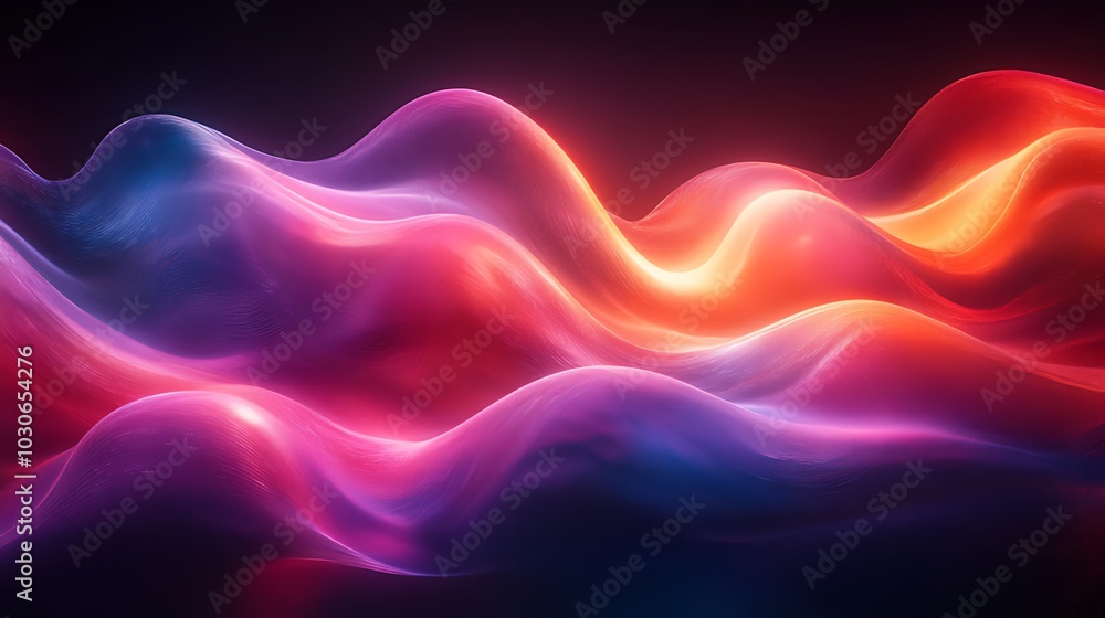 Abstract waves of glowing pink, blue, and orange light on a dark background. Abstract waves of glowing pink, blue, and orange light on a dark background.
