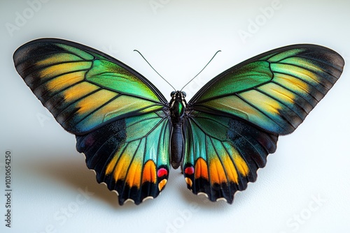 Rajah Brooke's birdwing butterfly with bold black and iridescent green wings