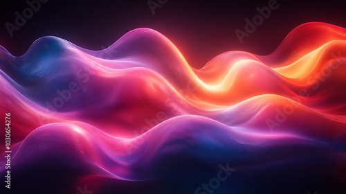 Abstract waves of glowing pink, blue, and orange light on a dark background.