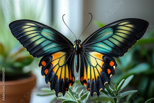 Rajah Brooke's birdwing butterfly with bold black and iridescent green wings photo