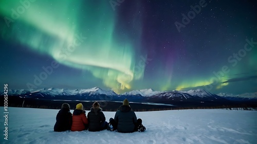 A group of people watch the northern lights at night against the backdrop of snowy mountains