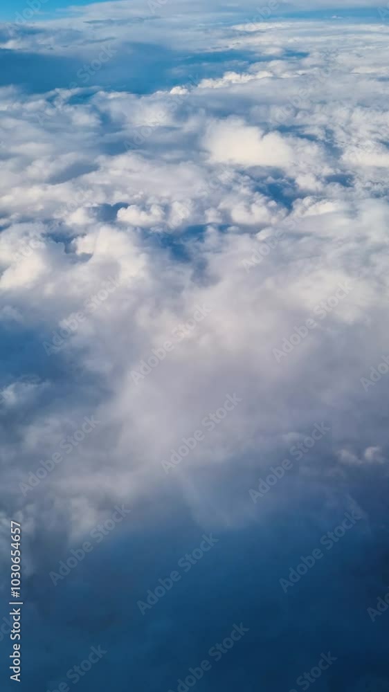 View from the airplane window. Fluffy white clouds are moving slowly over the blue sky. Vertical video. View from the airplane window. Fluffy white clouds are moving slowly over the blue sky. Vertical video.