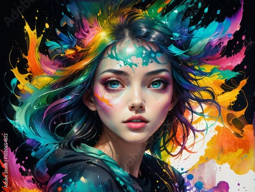 female portrait with splashes of colorful paint