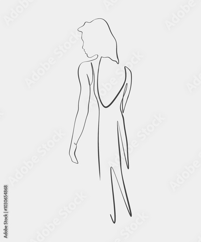 Elegant minimalist line art of a woman in a flowing dress, capturing graceful movement and simplicity in design.