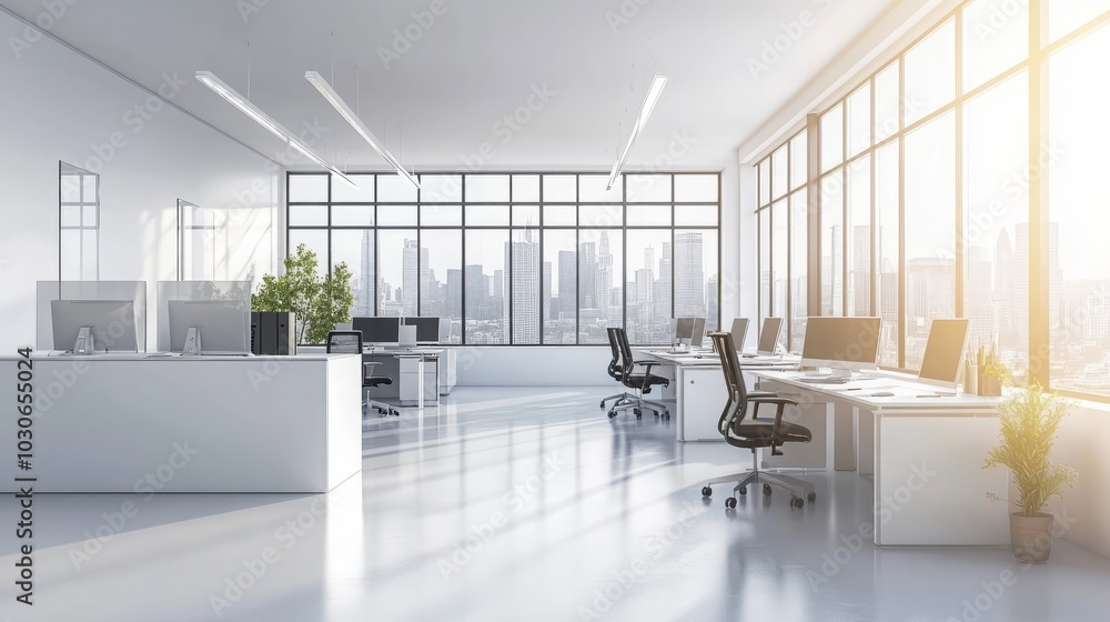 Modern office space with large windows and urban views. Modern office space with large windows and urban views.