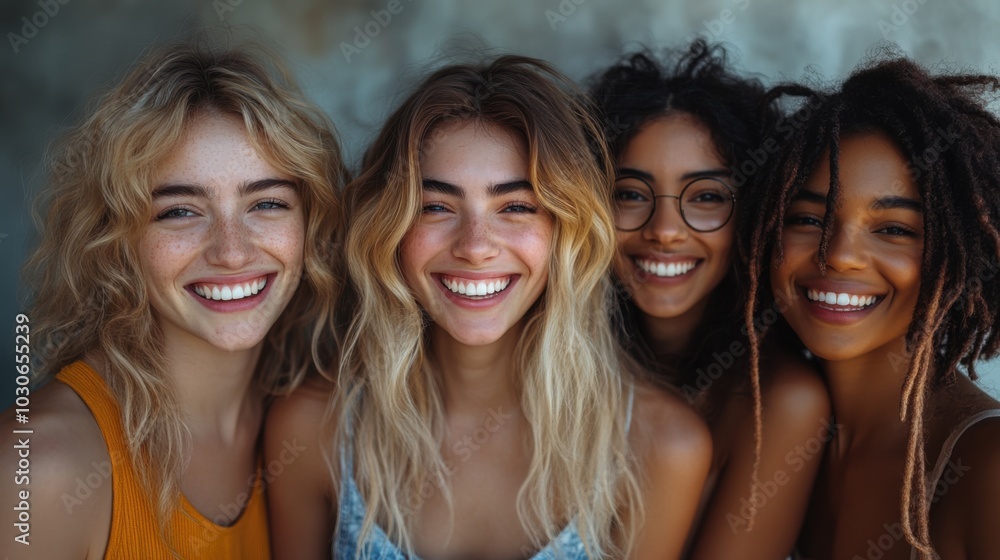 Four diverse young women with bright smiles, looking at the camera. Four diverse young women with bright smiles, looking at the camera.