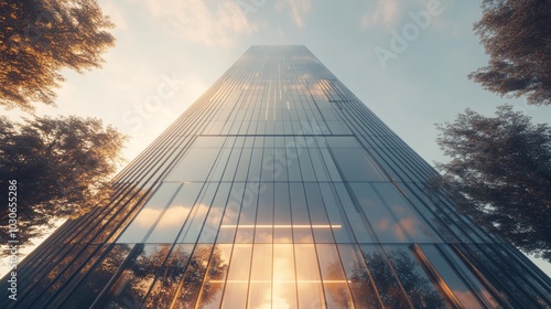 Wallpaper Mural Tall glass building reflecting sunlight amidst surrounding trees. Torontodigital.ca