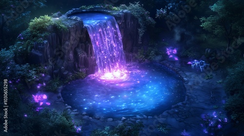 A blue and purple waterfall with a glowing blue water. The water is surrounded by a lush green forest