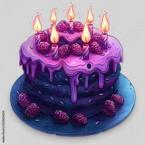 A delicious purple cake with candles and blackberries. photo