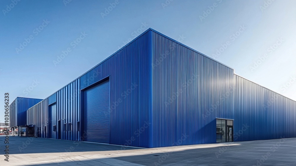 Modern architectural design of a blue industrial building Modern architectural design of a blue industrial building