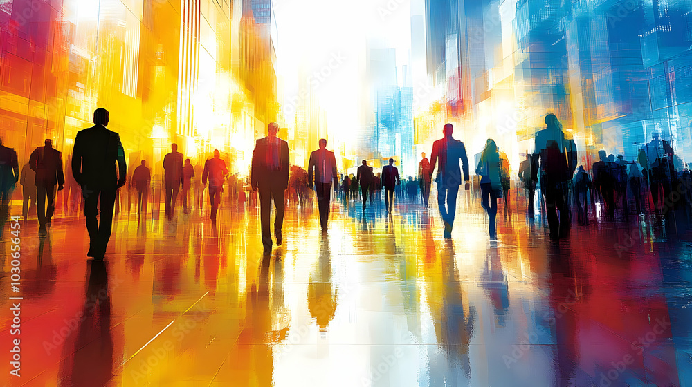 A vibrant cityscape with silhouettes of people walking. A vibrant cityscape with silhouettes of people walking.